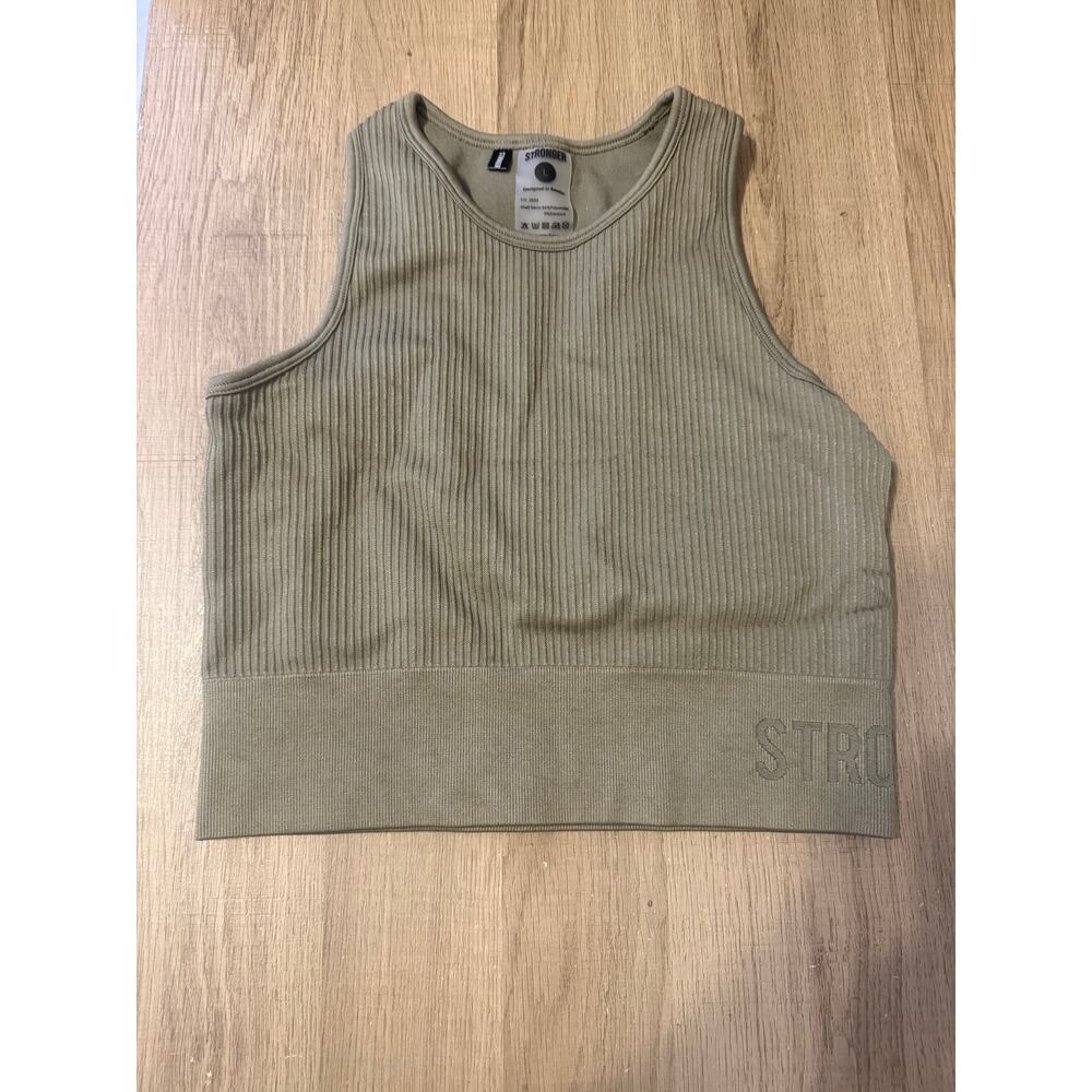Stronger Label Ribbed Seamless Crop Tank Top Olive Green L